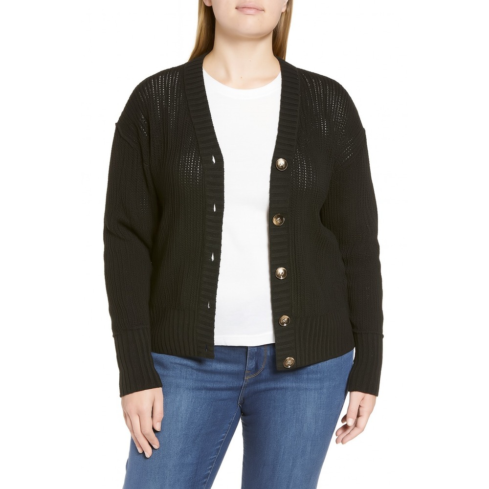 Kiss & Tell Plus Size Distressed Cardigan Black Size 1X Button Front